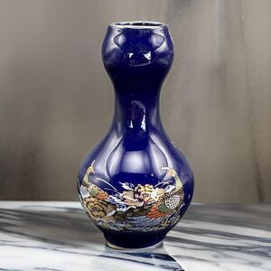 Vintage Small Japanese Kutani Porcelain Vase Peacocks Colbalt Blue 4.75 Inch
